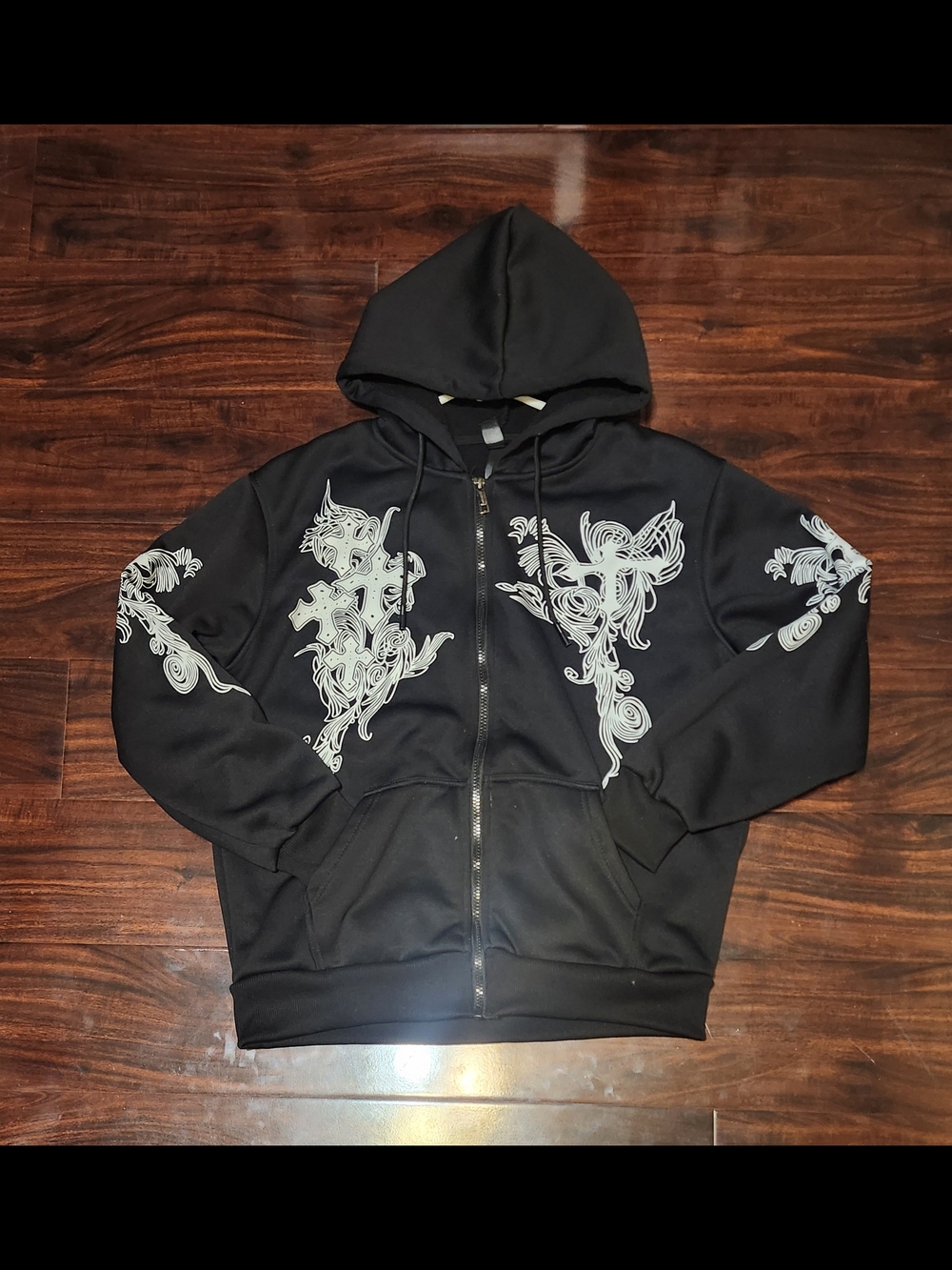 Black Zip-Up Hoodie with White Affliction Like Graphic Designs
